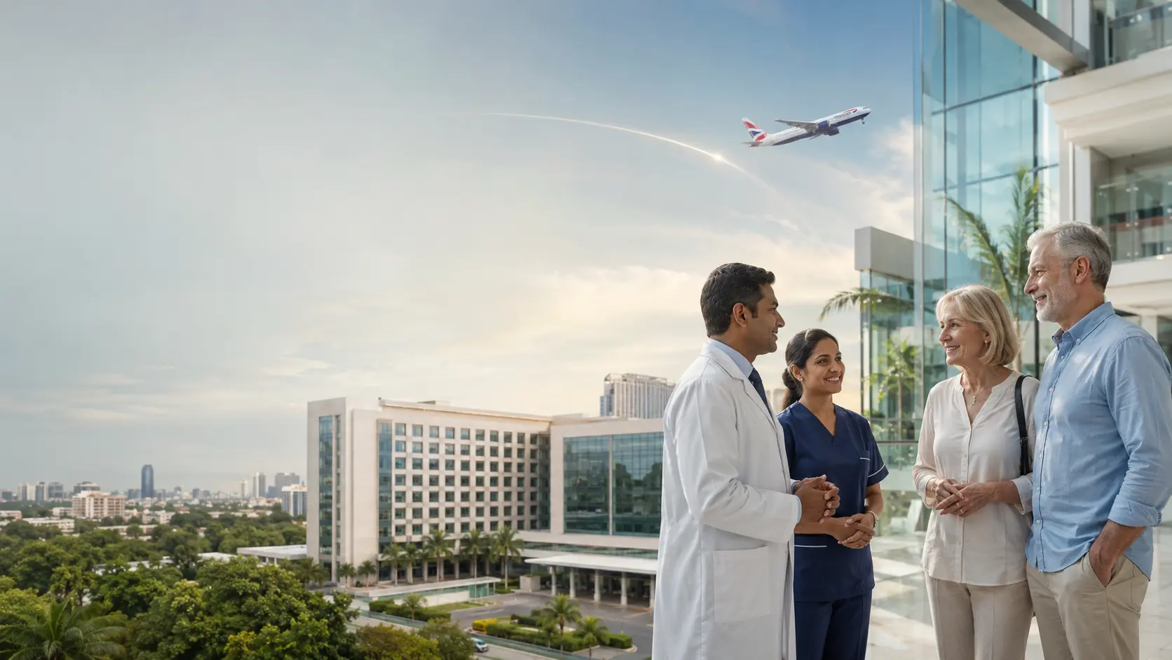 A British patient couple welcomed by a clinical team at a modern Chennai hospital, with a British Airways aircraft representing direct Heathrow access